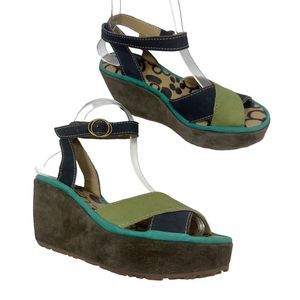 Fly London Green and Blue Wedge Sandals